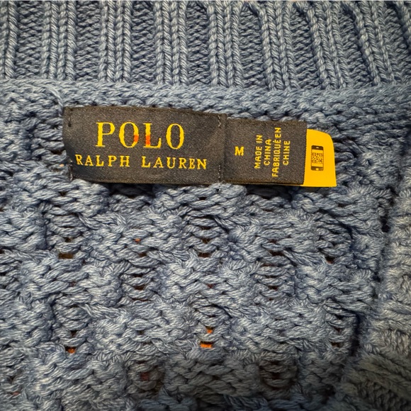 Polo Ralph Lauren Distressed M Blue Knit V Neck Sweater 100 % Cotton Cable Knit - Picture 6 of 11